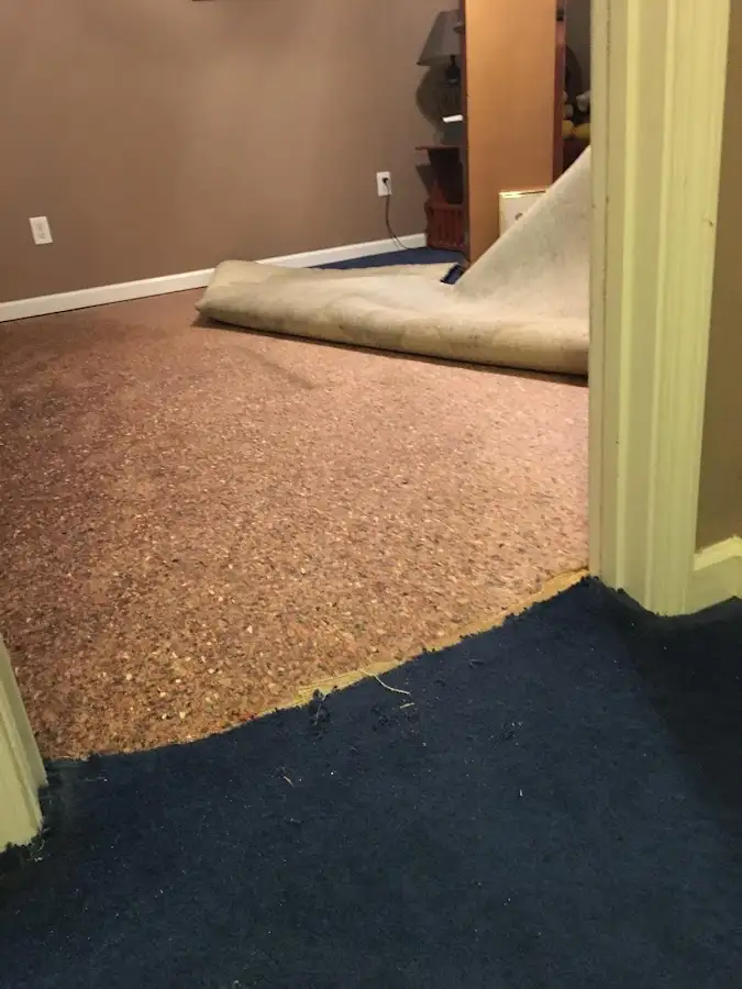 Carpet pad removal revealing water damage during Water Mitigation Services in Kirby